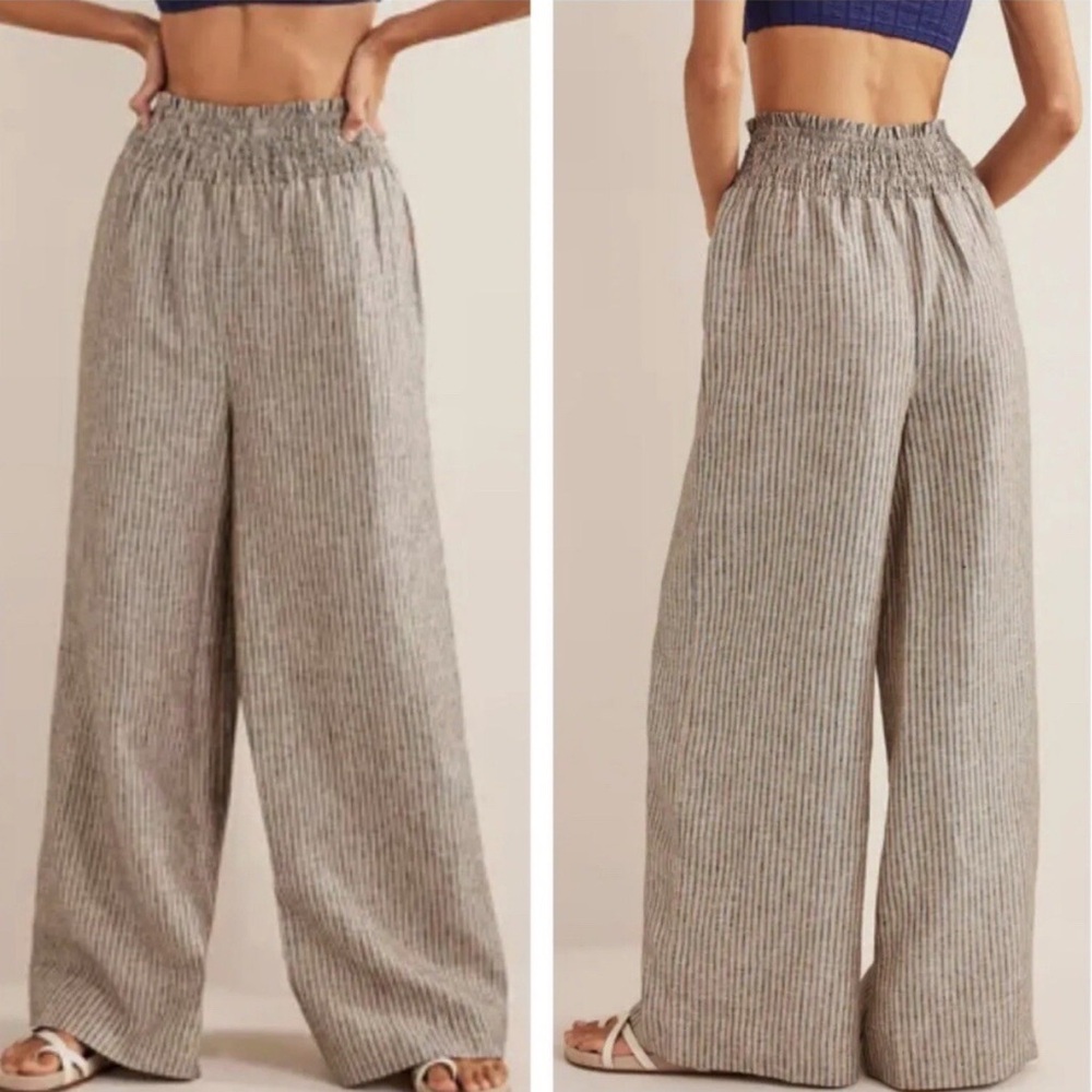 Boden Women's Tan Lurex Stripe Linen Shirred Waist Wide Leg‎ Pants